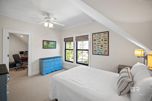 bedroom featuring light carpet, vaulted ceiling, a ceiling fan, and baseboards