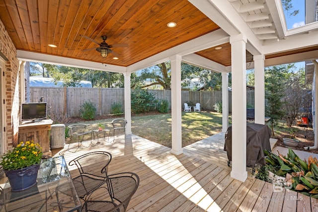 deck featuring a ceiling fan, a fenced backyard, and a yard