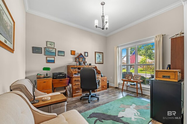 home office featuring ornamental molding, a notable chandelier, and hardwood / wood-style floors