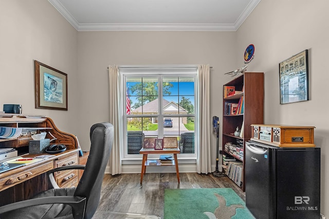 office area with crown molding and dark wood-type flooring