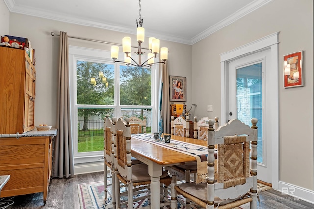 dining area with crown molding, dark hardwood / wood-style flooring, and a wealth of natural light