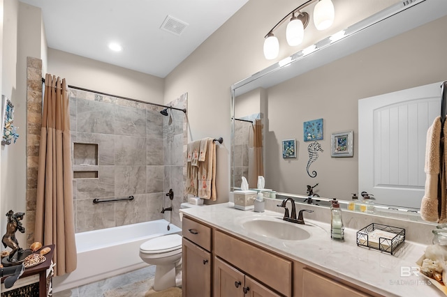 full bathroom featuring vanity, toilet, and shower / bathtub combination with curtain