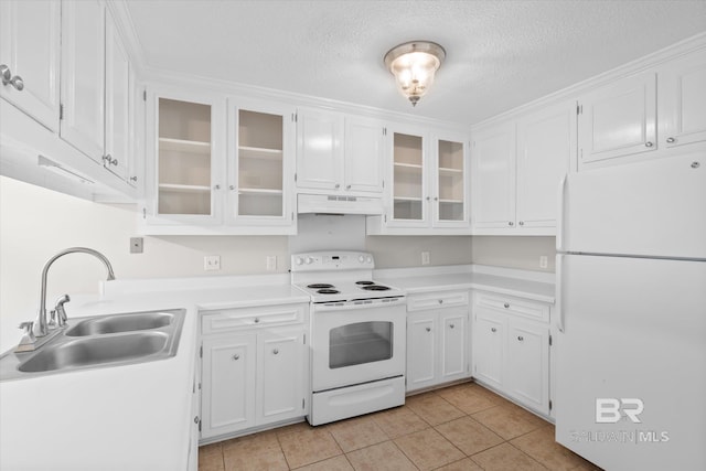 kitchen featuring light countertops, white cabinetry, a sink, white appliances, and under cabinet range hood