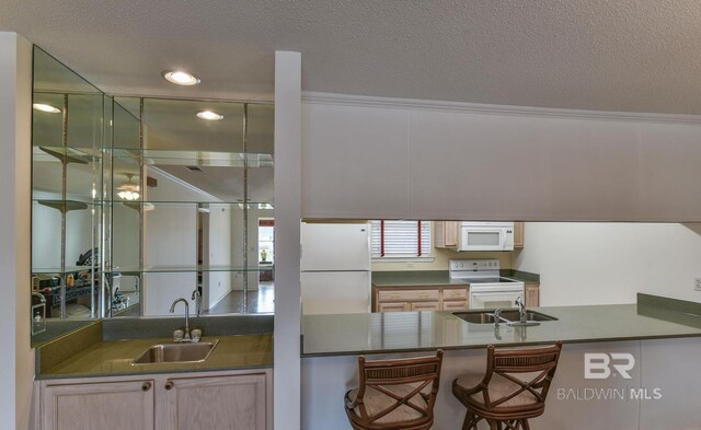 9577 Villas Dr, Foley, AL 36535 - kitchen with a sink, dark countertops, a textured ceiling, and white appliances