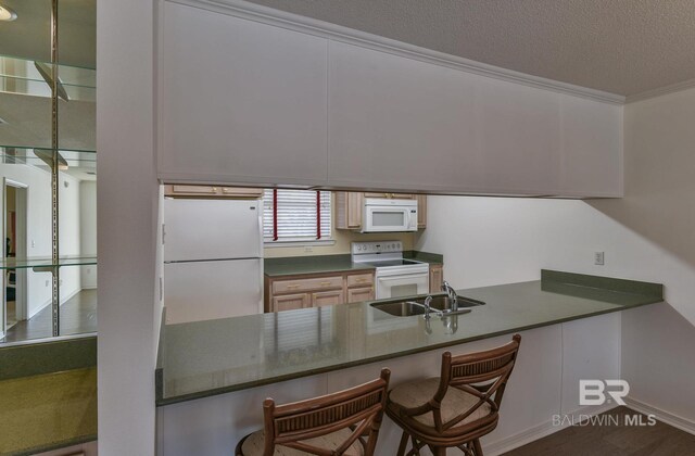 9577 Villas Dr, Foley, AL 36535 - kitchen featuring white appliances, a textured ceiling, a sink, dark countertops, and a peninsula
