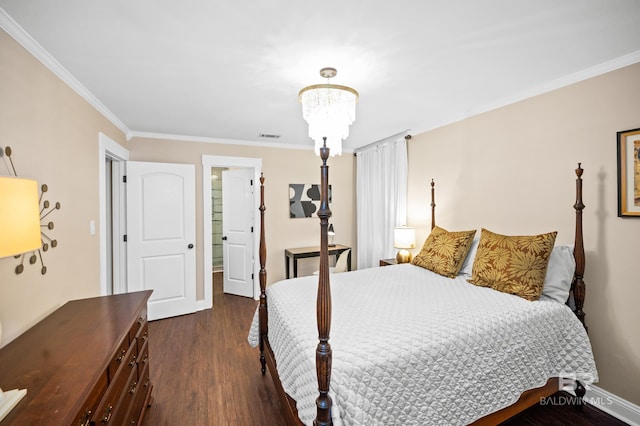 bedroom with an inviting chandelier, dark wood-type flooring, and ornamental molding