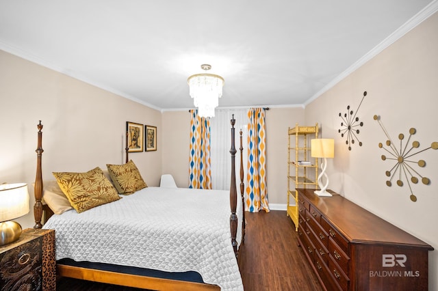 bedroom featuring ornamental molding, a chandelier, and dark wood-type flooring