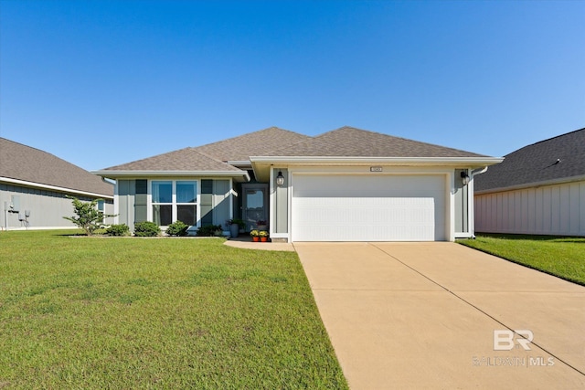 ranch-style home with a front lawn and a garage