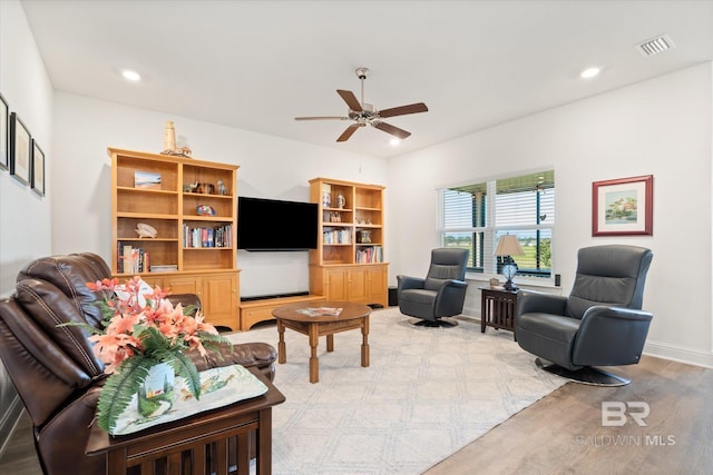 4299 Montague Dr, Gulf Shores, AL 36542 - living area with a ceiling fan, light wood-style floors, baseboards, and recessed lighting
