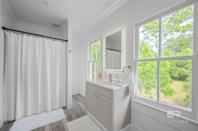bathroom featuring vanity, baseboards, wood finished floors, visible vents, and ornamental molding
