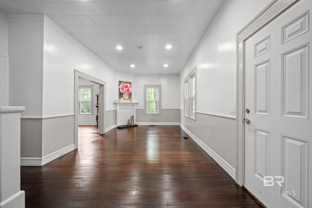 foyer entrance featuring wood-type flooring, ornamental molding, and a wainscoted wall