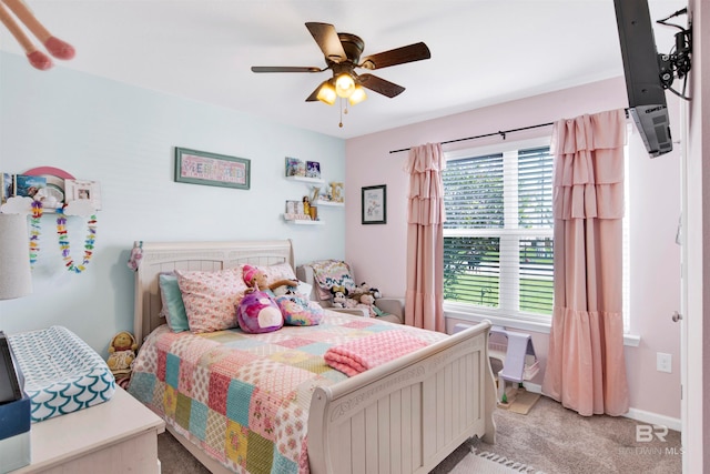 carpeted bedroom featuring ceiling fan