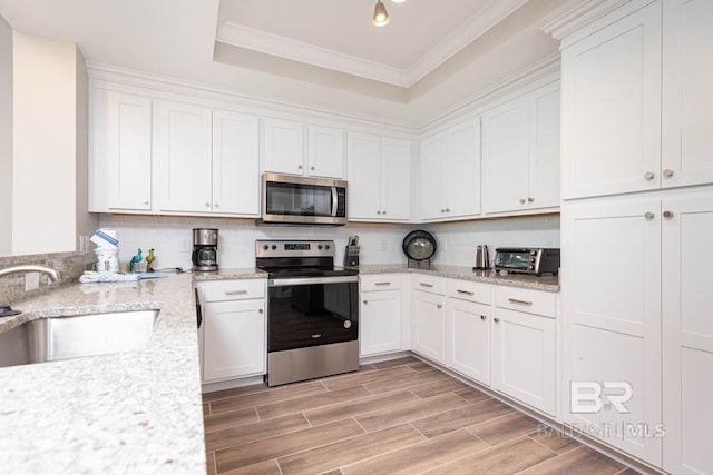 kitchen with white cabinetry, a raised ceiling, and stainless steel appliances