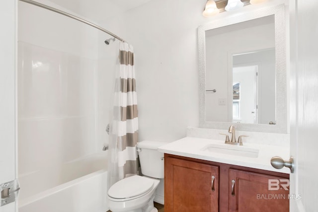 full bathroom featuring vanity, shower / bath combination with curtain, and toilet