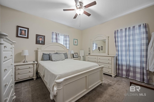 carpeted bedroom with ceiling fan