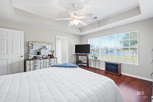 bedroom with multiple windows, a raised ceiling, and ceiling fan