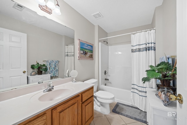 full bathroom with tile patterned flooring, vanity, toilet, and shower / bathtub combination with curtain