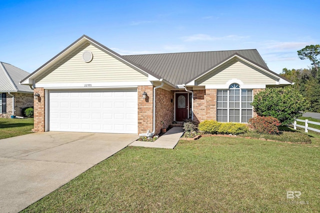 ranch-style home featuring a front yard and a garage