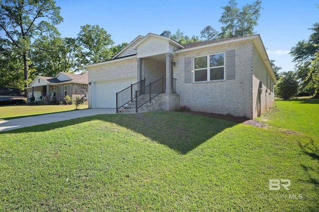 single story home featuring brick siding, a front yard, driveway, and a garage