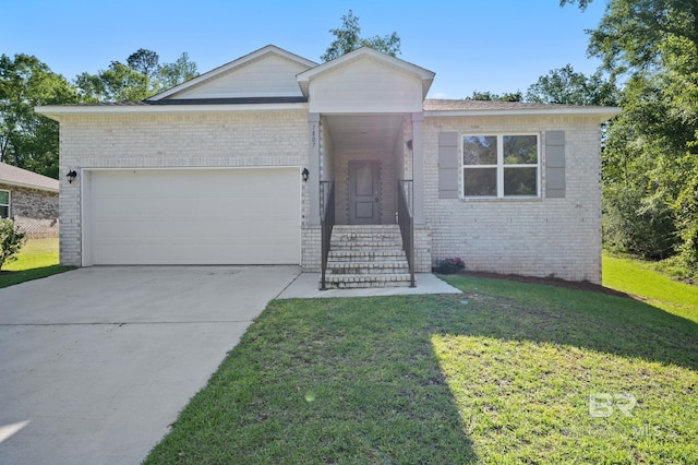 ranch-style home with a garage, brick siding, and a front lawn
