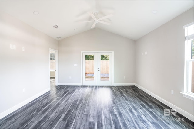 5241 Plateau Rd, Pensacola, FL 32507 - spare room featuring a ceiling fan, plenty of natural light, french doors, baseboards, and vaulted ceiling