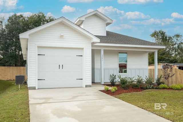 5241 Plateau Rd, Pensacola, FL 32507 - view of front of house with a shingled roof, central air condition unit, concrete driveway, a porch, and an attached garage