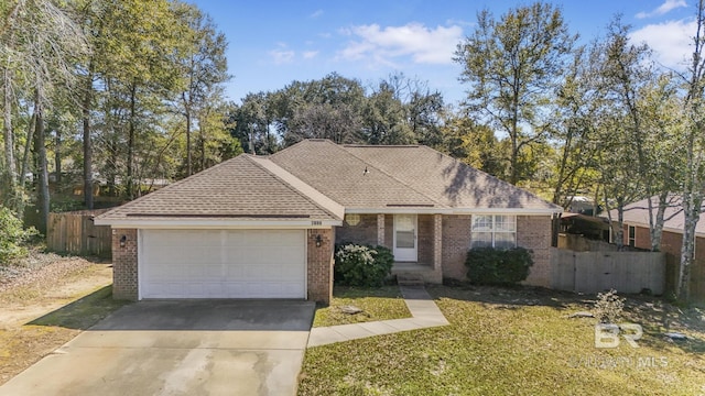 view of front of house with concrete driveway, brick siding, fence, and an attached garage