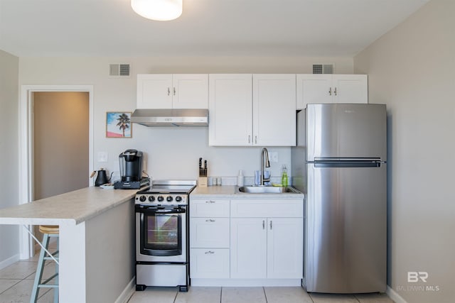 kitchen with extractor fan, appliances with stainless steel finishes, sink, white cabinets, and a kitchen bar