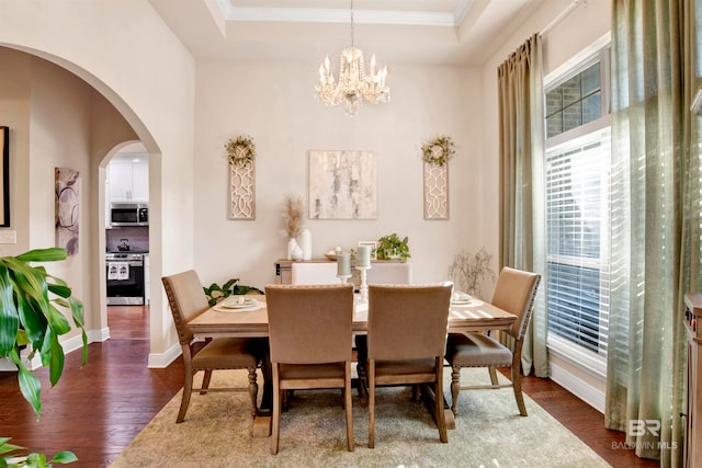 dining space featuring crown molding, dark wood-type flooring, a chandelier, and a raised ceiling