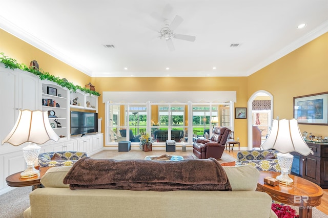 715 Village Dr, Gulf Shores, AL 36542 - living room featuring crown molding, ceiling fan, and recessed lighting