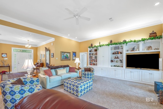 715 Village Dr, Gulf Shores, AL 36542 - living room with recessed lighting, light colored carpet, crown molding, a chandelier, and ceiling fan