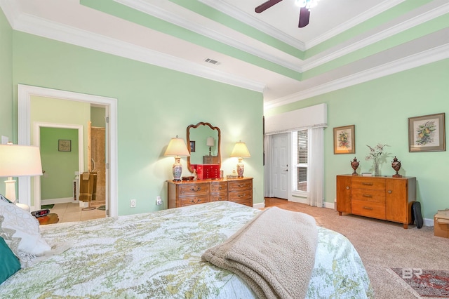 715 Village Dr, Gulf Shores, AL 36542 - bedroom featuring crown molding, ceiling fan, and connected bathroom