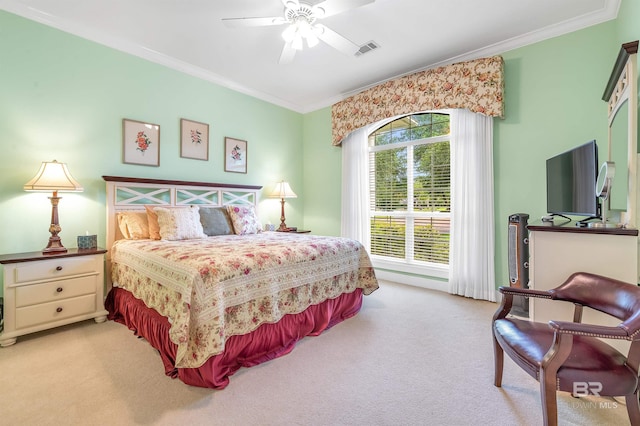 715 Village Dr, Gulf Shores, AL 36542 - bedroom featuring carpet flooring, ornamental molding, and a ceiling fan