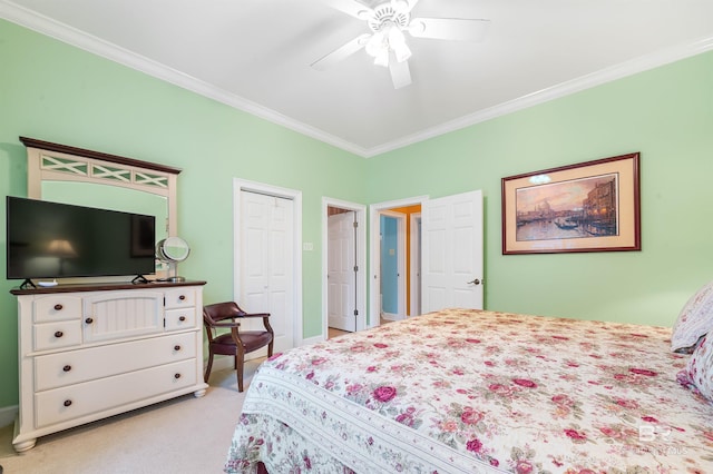 715 Village Dr, Gulf Shores, AL 36542 - bedroom featuring ornamental molding, light colored carpet, a closet, and ceiling fan