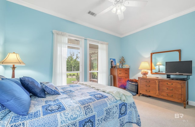 715 Village Dr, Gulf Shores, AL 36542 - bedroom with crown molding, carpet, and ceiling fan
