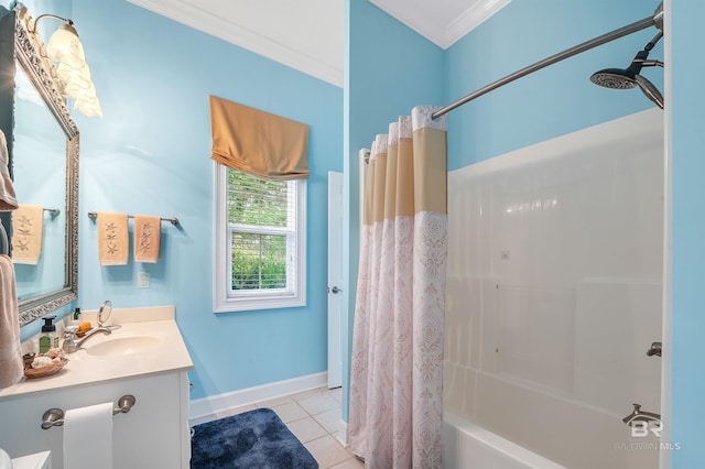 715 Village Dr, Gulf Shores, AL 36542 - full bathroom with crown molding, tile patterned flooring, vanity, and shower / bath combination with curtain