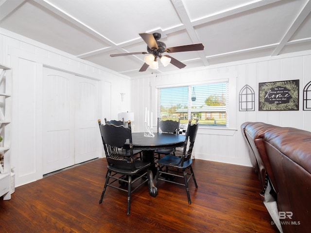 dining space with dark wood-type flooring, ceiling fan, and coffered ceiling