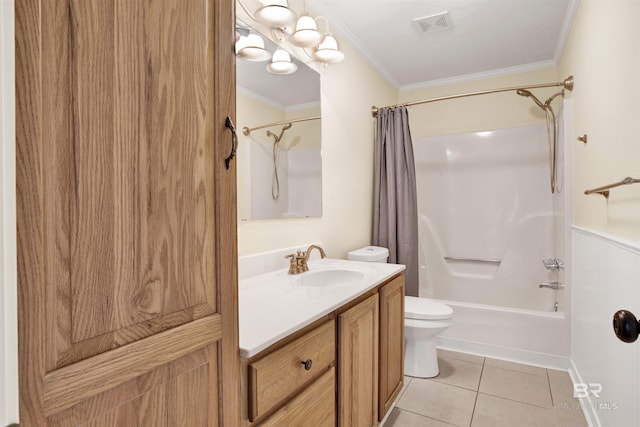 full bathroom featuring shower / tub combo, vanity, crown molding, tile patterned flooring, and toilet