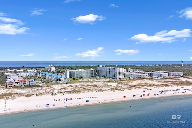 bird's eye view with a view of the beach and a water view