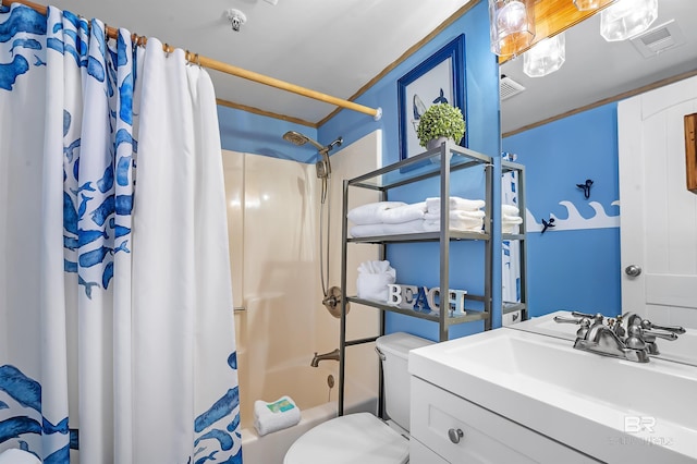 full bathroom featuring visible vents, crown molding, toilet, vanity, and shower / bathtub combination with curtain