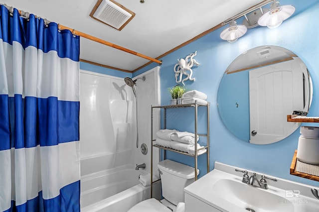full bath with shower / bathtub combination with curtain, visible vents, toilet, and vanity