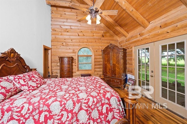 bedroom with ceiling fan, access to outside, wooden ceiling, wood-type flooring, and beam ceiling