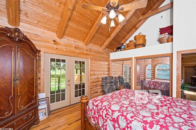 bedroom featuring ceiling fan, beam ceiling, access to outside, light hardwood / wood-style flooring, and french doors