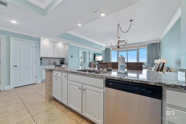 kitchen featuring white cabinetry, dishwasher, sink, and light stone counters