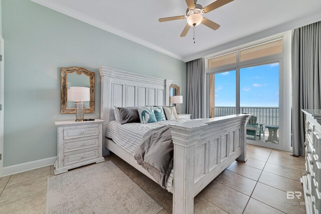 bedroom featuring ornamental molding, light tile patterned floors, access to exterior, and ceiling fan