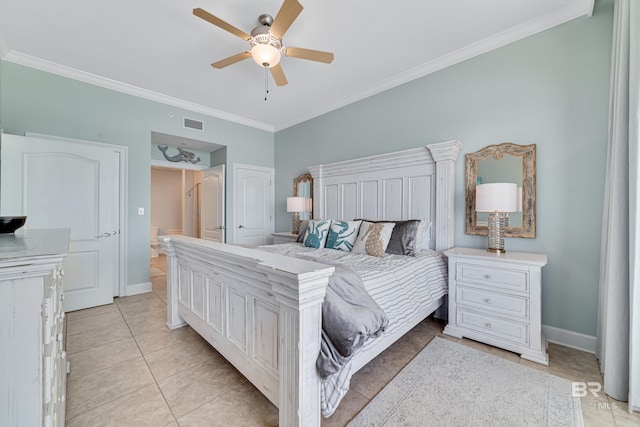 tiled bedroom with crown molding and ceiling fan