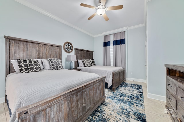 tiled bedroom with crown molding and ceiling fan