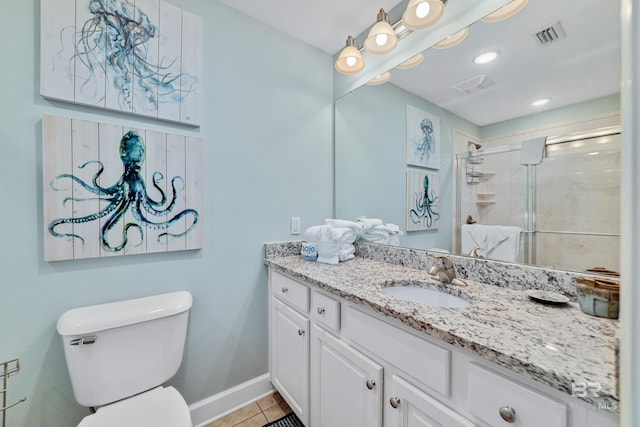 bathroom featuring tile patterned flooring, vanity, a shower with shower door, and toilet