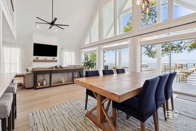 dining room featuring light hardwood / wood-style floors, high vaulted ceiling, and ceiling fan