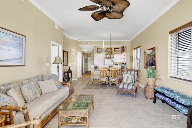 14511 Perdido Key Dr Unit 501, Pensacola, FL 32507 - living room featuring ceiling fan, light tile patterned floors, crown molding, a chandelier, and baseboards